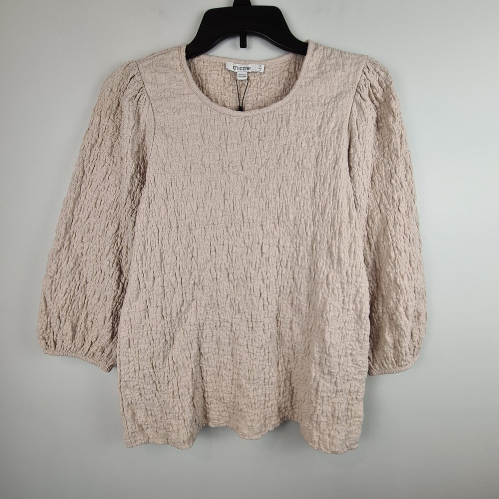 Chico's Textured 3 Quarter Sleeve Smokey Taupe Puff Sleeve Knit Top Size 0 Small